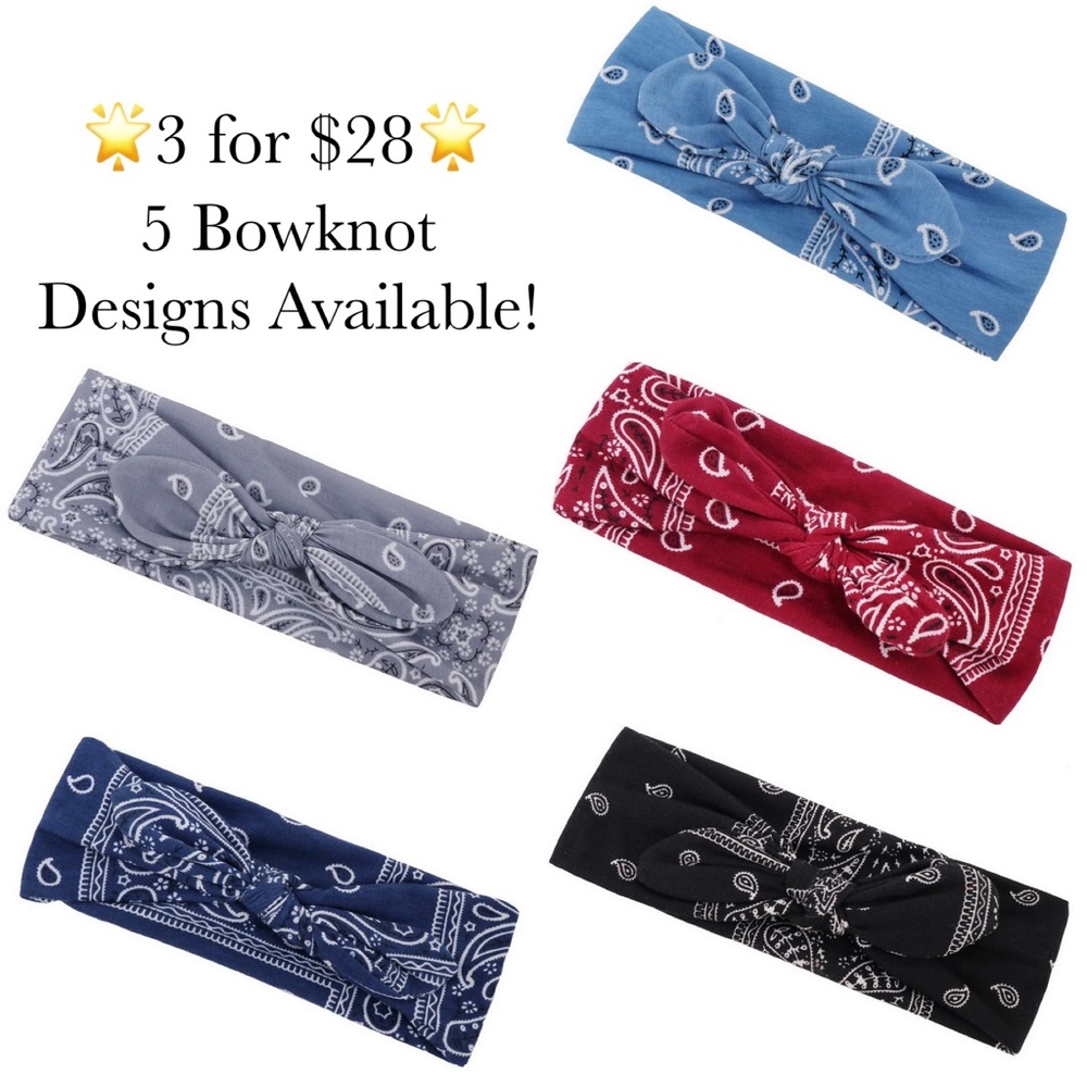 3/$28 Black Bandana Stretchy Bowknot Headband - Picture 13 of 16
